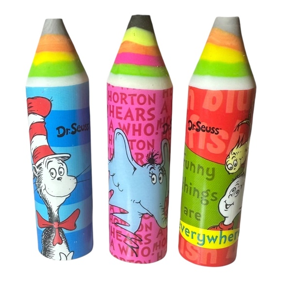 Dr. Seuss 3 Pack Crayon Erasers - Cat in the Hat, Horton, Sallys Brother - Picture 1 of 2
